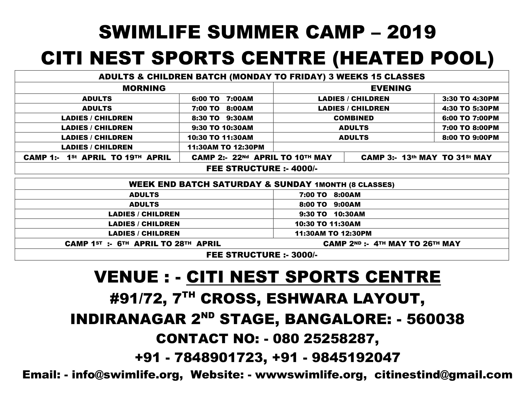 Swimming SUmmer Camp 2019